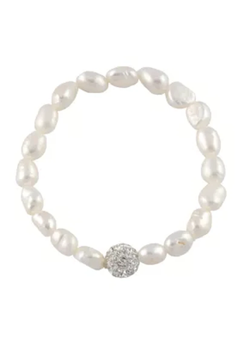 Sterling Silver 7'' Freshwater Pearl and Crystal Fireball Stretch Bracelet