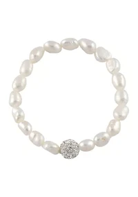 Sterling Silver 7'' Freshwater Pearl and Crystal Fireball Stretch Bracelet