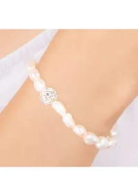 Sterling Silver 7'' Freshwater Pearl and Crystal Fireball Stretch Bracelet