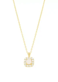 Gold Over Sterling Silver Simulated Opal and White Topaz Square Halo Pendant Necklace