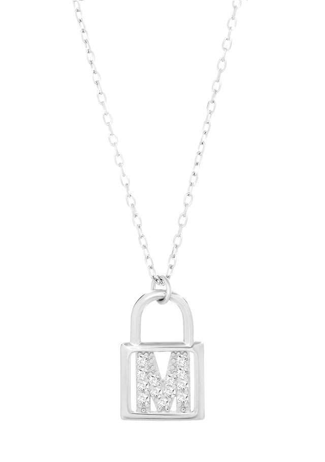 Sterling Silver Cubic Zirconia Initial Lock Pendant Necklace