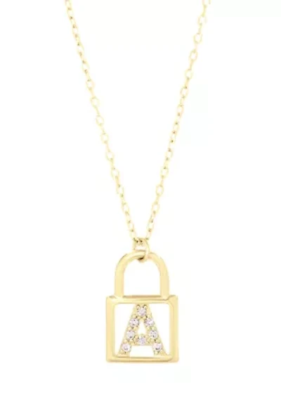 Sterling Silver Cubic Zirconia Initial Lock Pendant Necklace