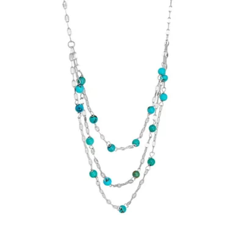 Sterling Silver 16in +2in Genuine Turquoise 3 Row Mirror Chain Necklace