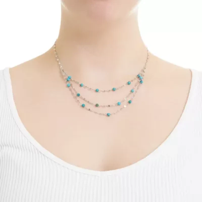 Sterling Silver 16in +2in Genuine Turquoise 3 Row Mirror Chain Necklace