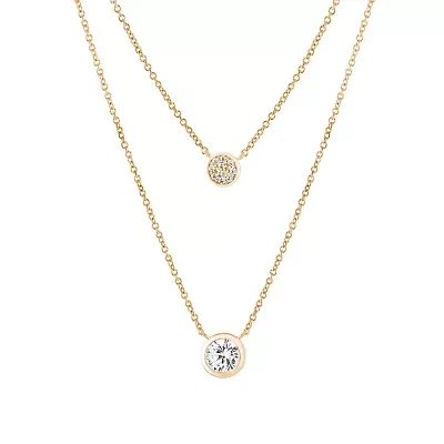 Sterling Silver 16+2-in. Cubic Zirconia Disc 2 Layered Necklace
