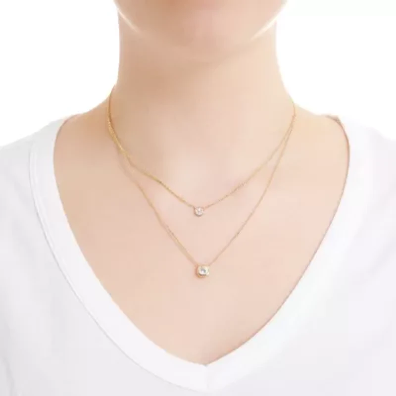 Sterling Silver 16+2-in. Cubic Zirconia Disc 2 Layered Necklace