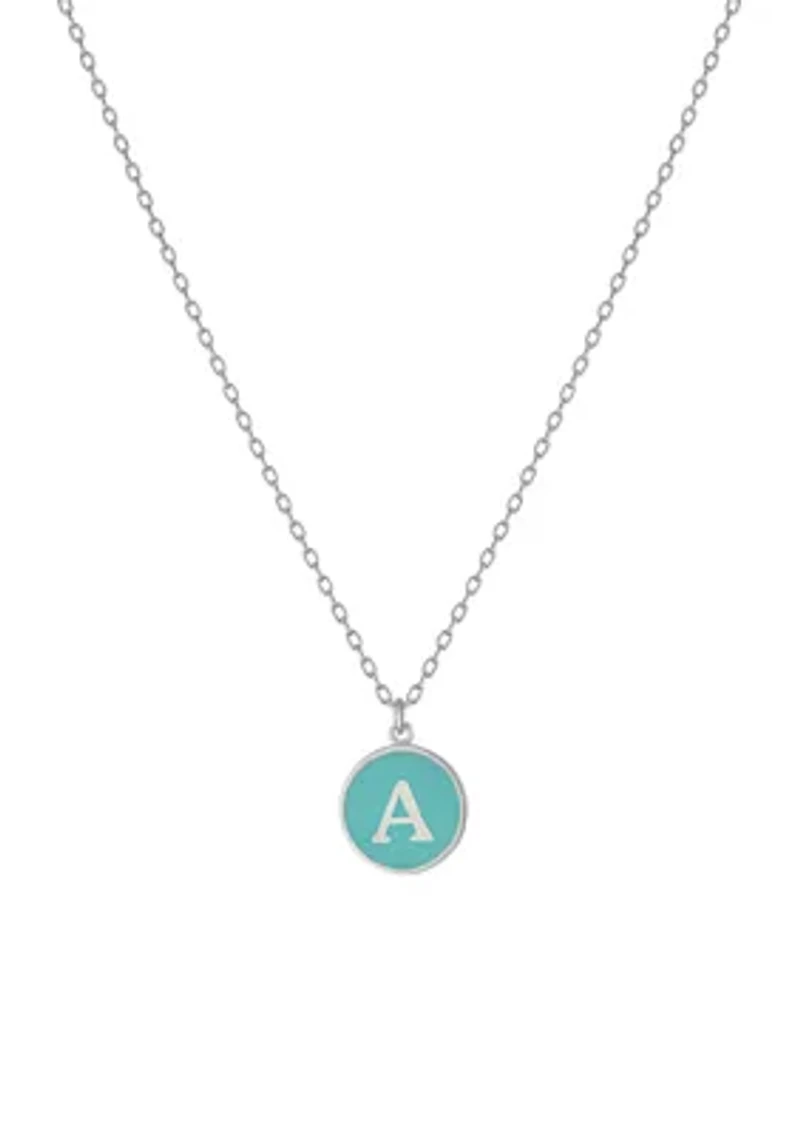 Sterling Silver Aqua Enamel Disc Initial A Necklace