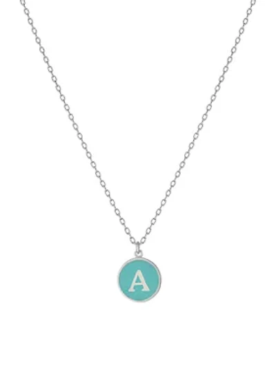 Sterling Silver Aqua Enamel Disc Initial A Necklace