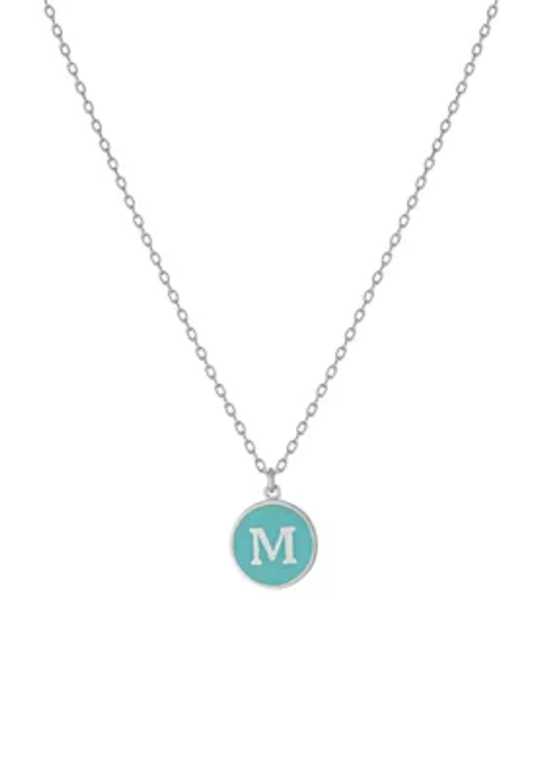 Sterling Silver 16in +2in Initial M Aqua Circle Pendant Necklace