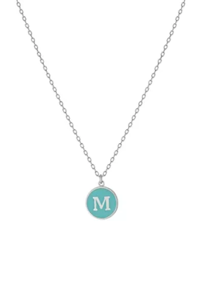 Sterling Silver 16in +2in Initial M Aqua Circle Pendant Necklace