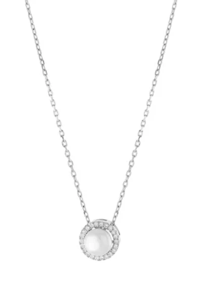 Sterling Silver 16 Inch + 2 Inch Freshwater Pearl with Cubic Zirconia Pendant Necklace