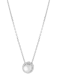 Sterling Silver 16 Inch + 2 Inch Freshwater Pearl with Cubic Zirconia Pendant Necklace