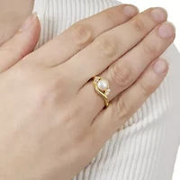 Sterling Silver Fresh Water Pearl Ring with Cubic Zirconia Accents 7