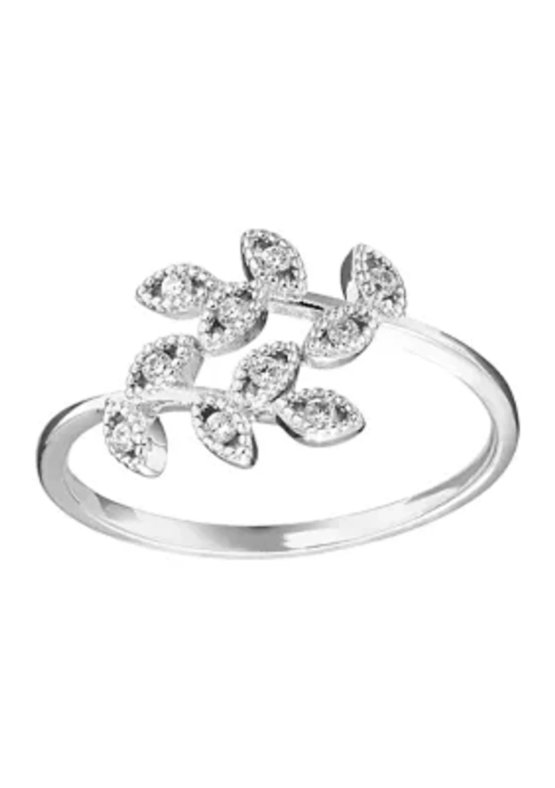 Sterling Silver Cubic Zirconia Double Leaf Novelty Ring