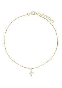 Gold Plated Sterling Silver 9" + 1" Extender Cubic Zirconia Cross Ankle Bracelet