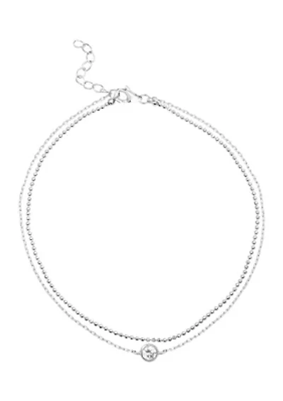Sterling Silver 9" + 1" Extender Cubic Zirconia Bezel Double Chain Ankle Bracelet