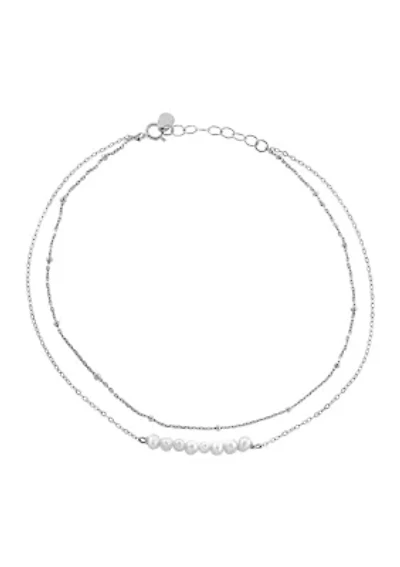 Sterling Silver 9" + 1" Double Row Freshwater Pearl Anklet