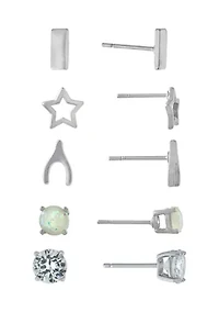 Fine Silver Plated Star, Bar, Wishbone, Opal and Cubic Zirconia Stud Earring Set