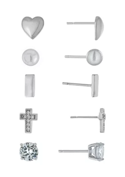 Fine Silver Plated Cubic Zirconia Round, Cross, Ball, Bar, and Heart Stud Earring Set