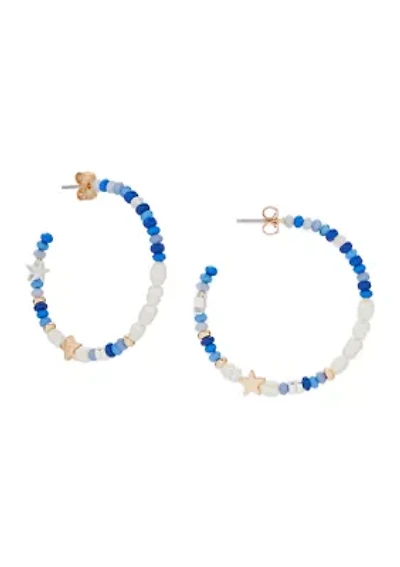 Blue and Pearl Beaded Hoop Earrings
