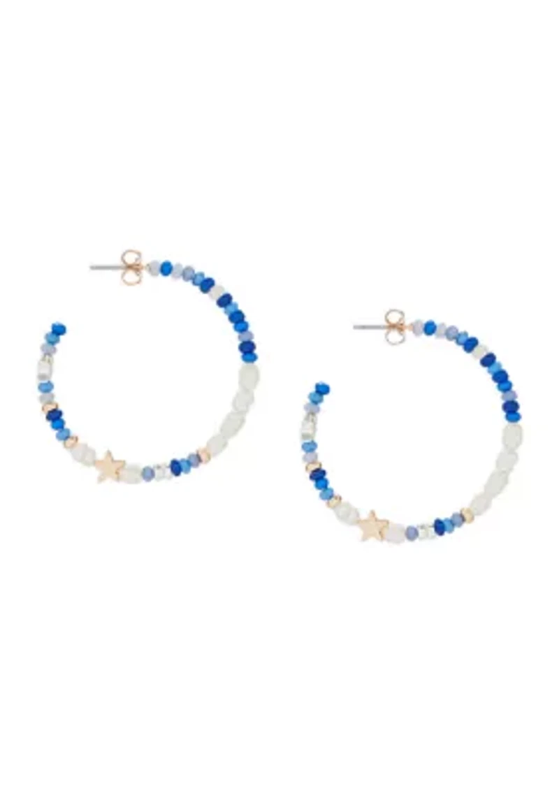 Blue and Pearl Beaded Hoop Earrings