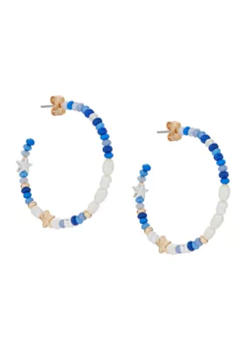 Blue and Pearl Beaded Hoop Earrings