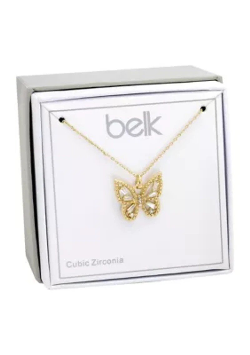 Boxed Cubic Zirconia Pavé Butterfly Pendant Necklace