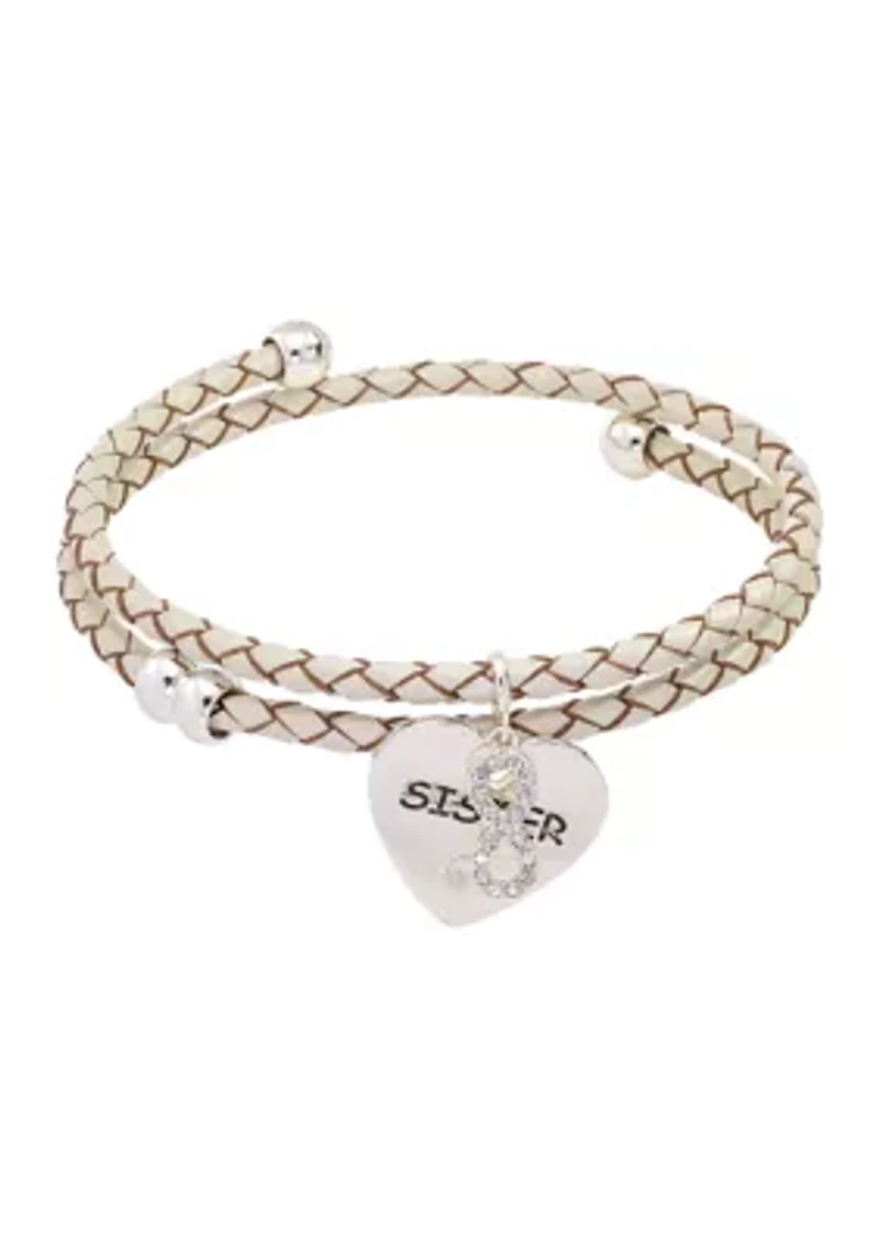 Silver Tone Cubic Sister Charm Genuine Leather Wrap Bracelet