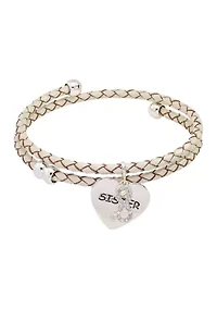 Silver Tone Cubic Sister Charm Genuine Leather Wrap Bracelet