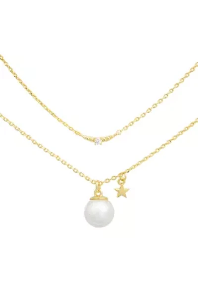 Gold Tone Duo Pearl and Star Necklace