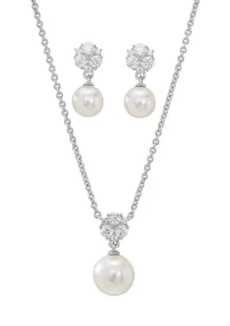 Rhodium Plated 1.28 ct. t.w. Cubic Zirconia and Pearl Earring and Necklace Set