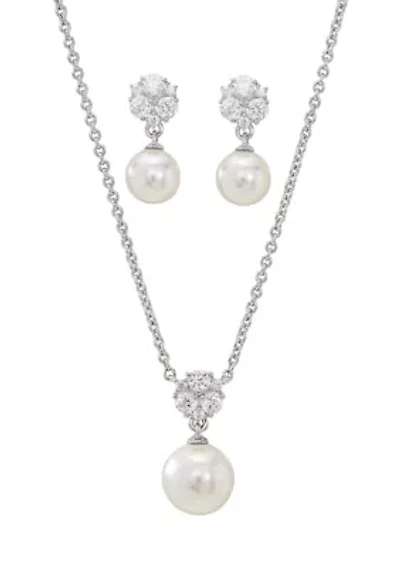 Rhodium Plated 1.28 ct. t.w. Cubic Zirconia and Pearl Earring and Necklace Set