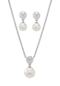 Rhodium Plated 1.28 ct. t.w. Cubic Zirconia and Pearl Earring and Necklace Set