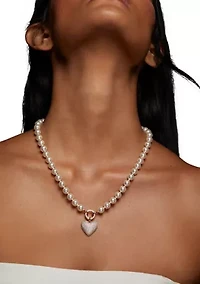 Lab-Grown White Beaded Heart Pendant Necklace