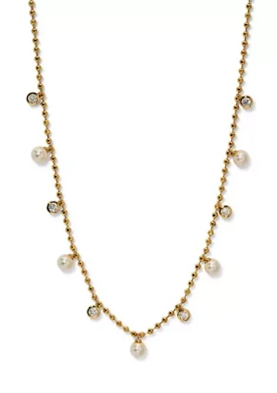 Gold Plated Cubic Zirconia Pearl Station Necklace