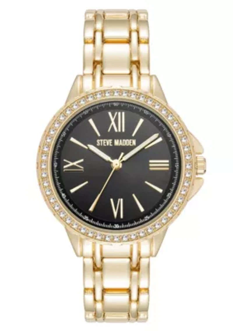 Steve Madden Women's Charming Black and Gold-Tone Alloy Metal Bracelet Watch, 38mm