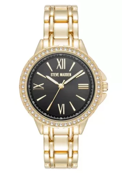 Steve Madden Women's Charming Black and Gold-Tone Alloy Metal Bracelet Watch, 38mm