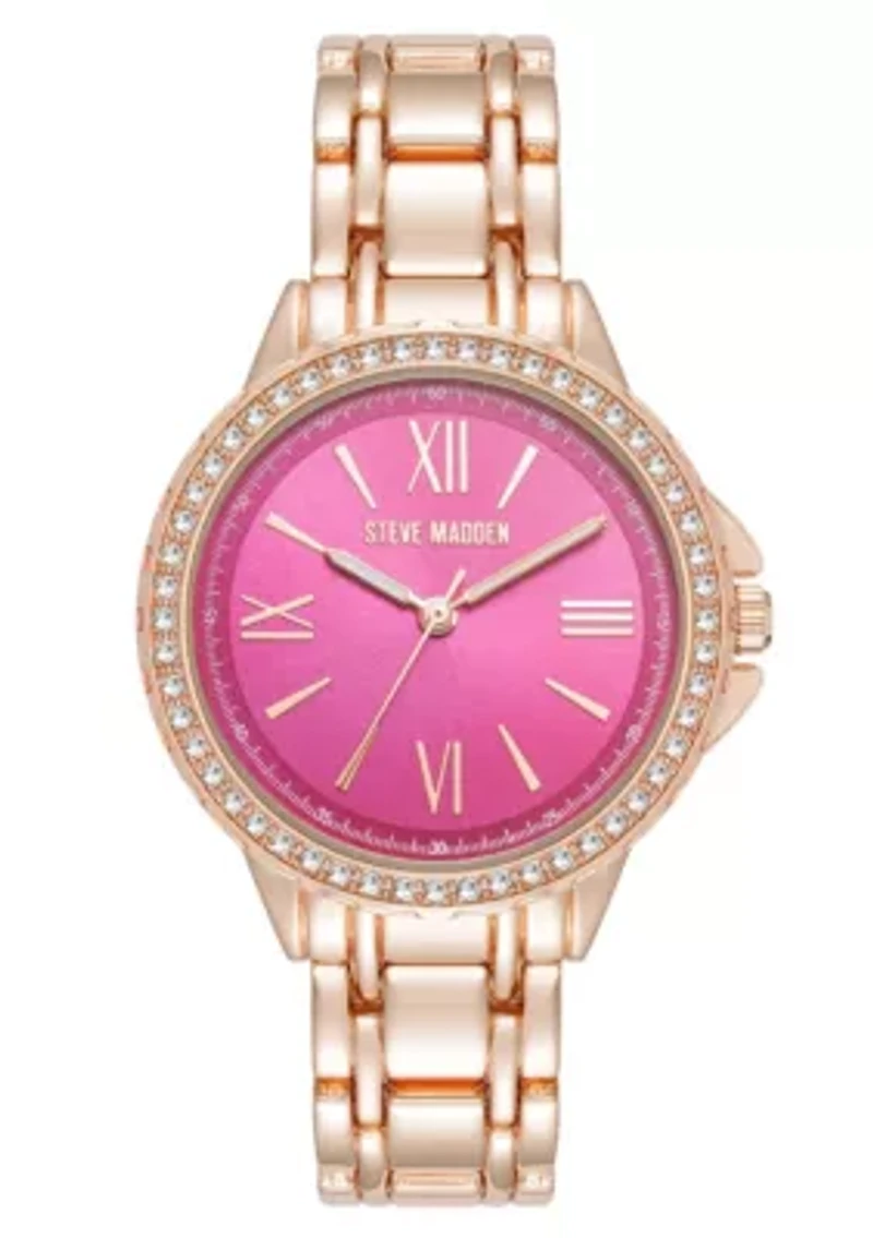 Steve Madden Women's Charming Hot Pink and Rose Gold-Tone Alloy Metal Bracelet Watch, 38mm