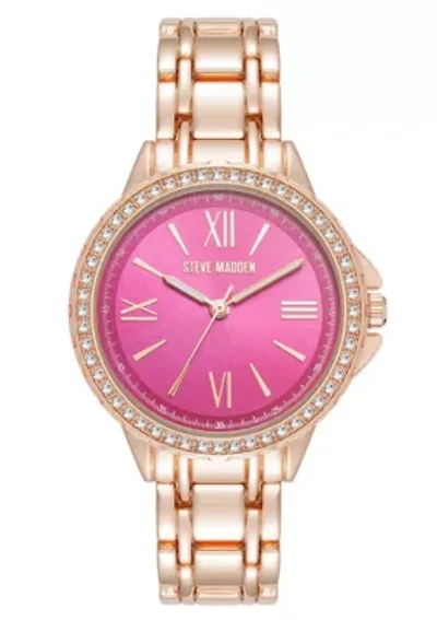 Steve Madden Women's Charming Hot Pink and Rose Gold-Tone Alloy Metal Bracelet Watch, 38mm