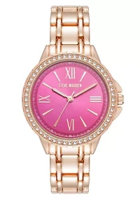 Steve Madden Women's Charming Hot Pink and Rose Gold-Tone Alloy Metal Bracelet Watch, 38mm