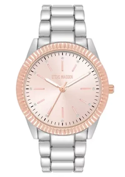 Steve Madden Women's Coin Edge Silver-Tone and Rose Gold-Tone Alloy Metal Bracelet Watch, 36mm
