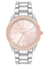 Steve Madden Women's Coin Edge Silver-Tone and Rose Gold-Tone Alloy Metal Bracelet Watch, 36mm