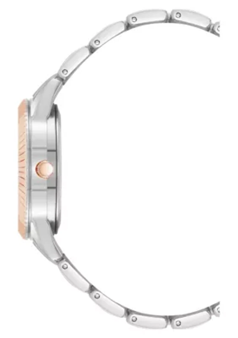 Steve Madden Women's Coin Edge Silver-Tone and Rose Gold-Tone Alloy Metal Bracelet Watch, 36mm