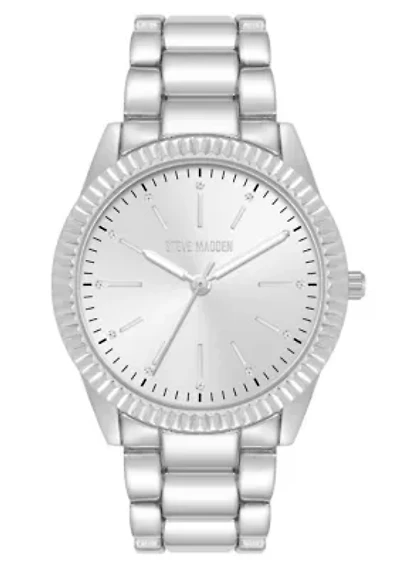 Steve Madden Women's Coin Edge Silver-Tone Alloy Metal Bracelet Watch, 36mm