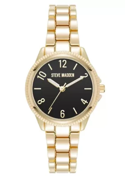 Steve Madden Women's Everyday Black and Gold-Tone Alloy Metal Bracelet Watch, 30mm