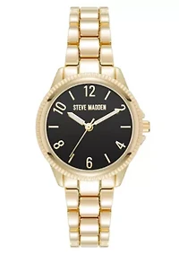 Steve Madden Women's Everyday Black and Gold-Tone Alloy Metal Bracelet Watch, 30mm