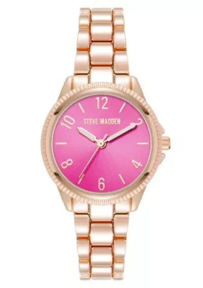 Steve Madden Women's Everyday Hot Pink and Rose Gold-Tone Alloy Metal Bracelet Watch, 30mm