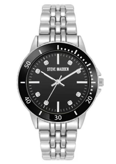 Steve Madden Women's Essential Black and Silver-Tone Alloy Metal Bracelet Watch, 33.5