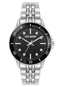 Steve Madden Women's Essential Black and Silver-Tone Alloy Metal Bracelet Watch, 33.5