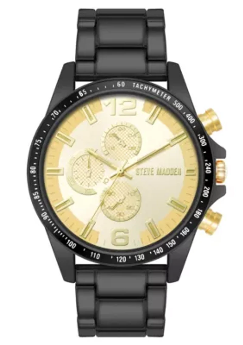 Steve Madden Men's Iconic Champagne and Black Alloy Metal Watch, 45mm